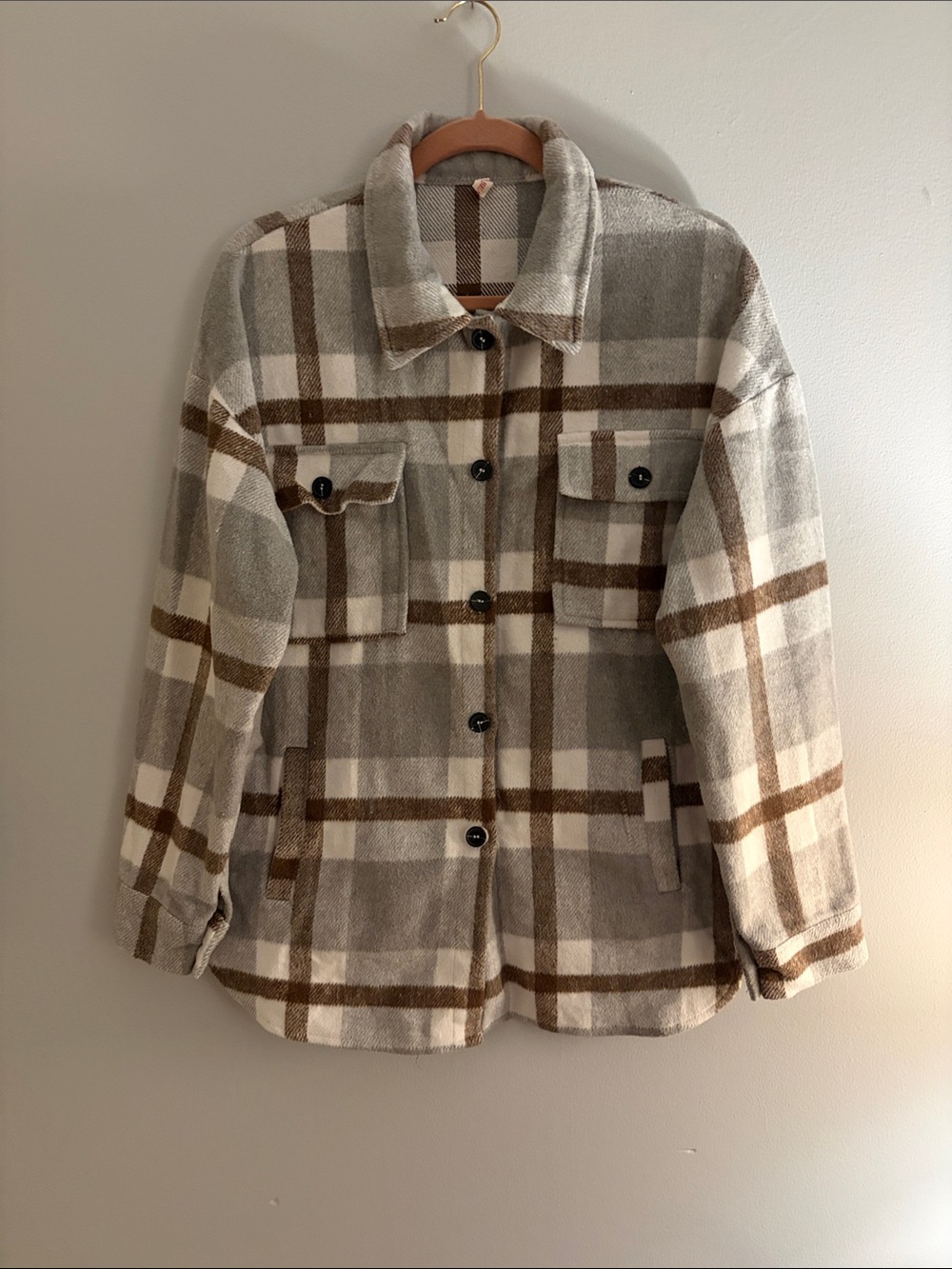 Plaid Shacket Jacket in Taupe & Cream